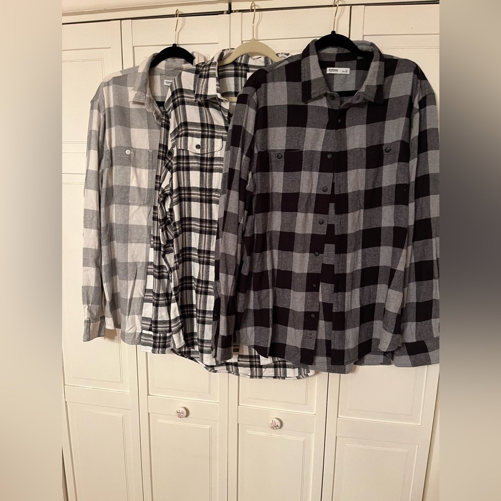 3 Sonoma Men's Casual Plaid Button Down Flannel Shirts- Black and Gray